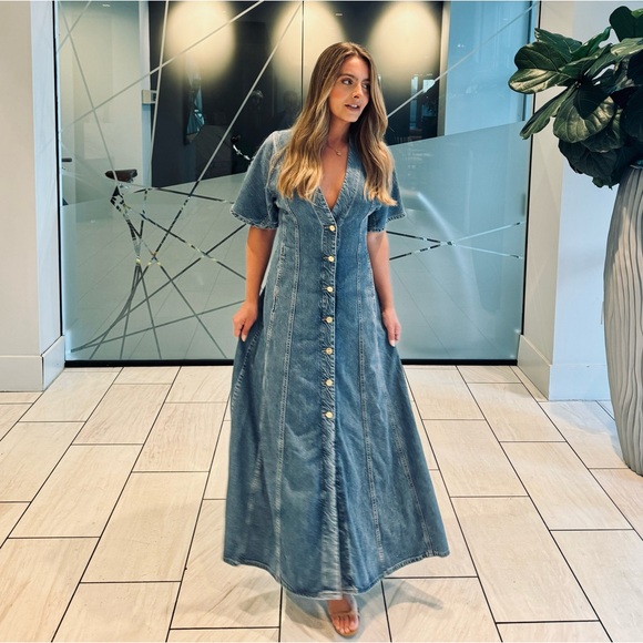 GANNI Future Button Front Organic Cotton Blend Denim Maxi Dress - Picture 9 of 11
